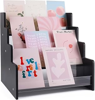 Greeting Card Display Stand Holder, 4-Tiered Wooden/Acrylic Organizer Rack for Sticker,Postcard,Brochure,Photos,Picture& Stationery Vendors,Retail Stores (Black)