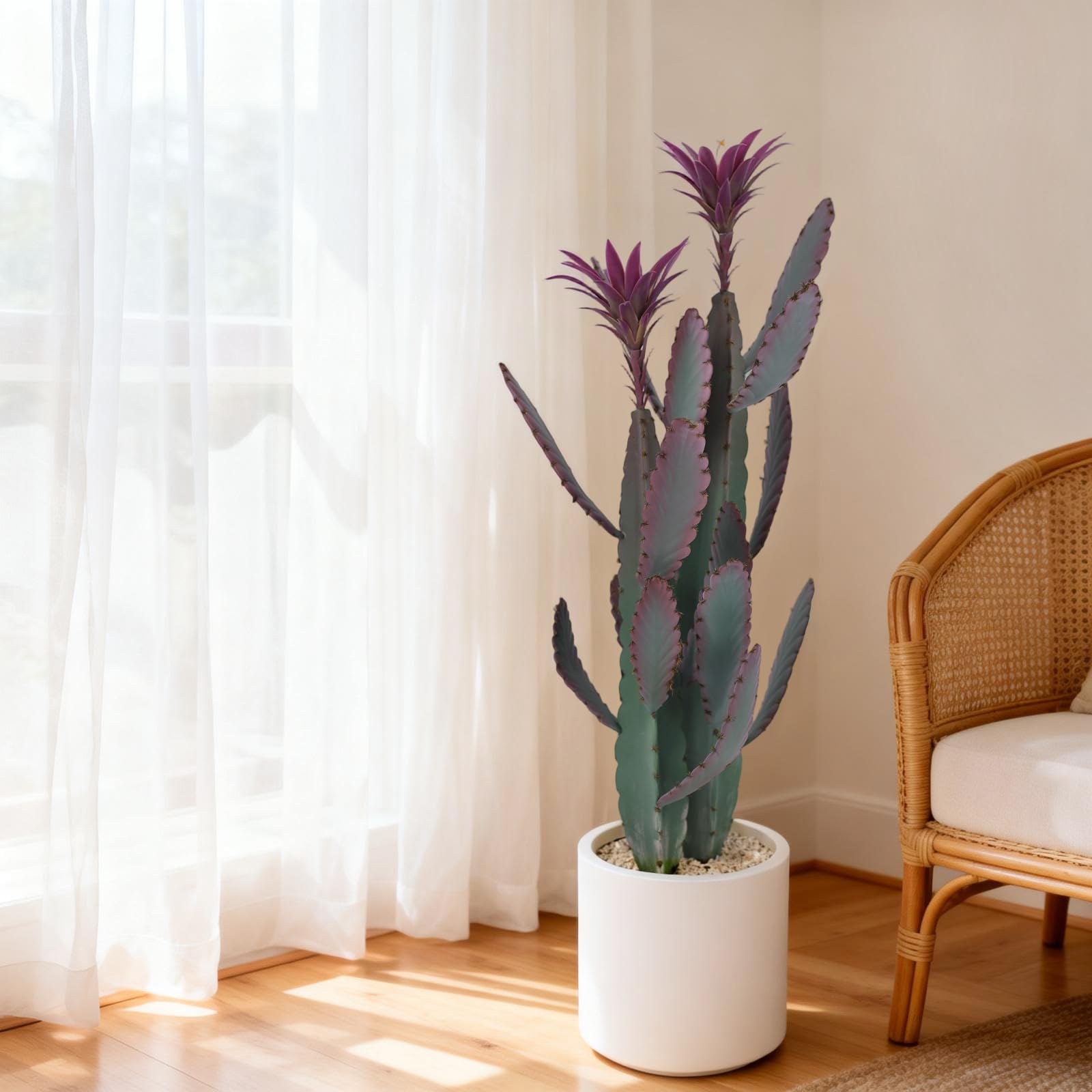 GarveeHome Künstliche Kaktus im Topf 96 x 22cm, Kunstpflanze Kaktus mit Stein und Lila Blume, Dekorative Wüstenkakteen, Sukkulenten Aus Kunststoff Pflanzen für Büro Wohnzimmer Hausdekoration