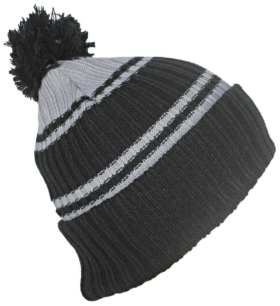 Best Winter Hats Quality Striped Beanie with Solid Cuff & Matching Pom - Black/Gray