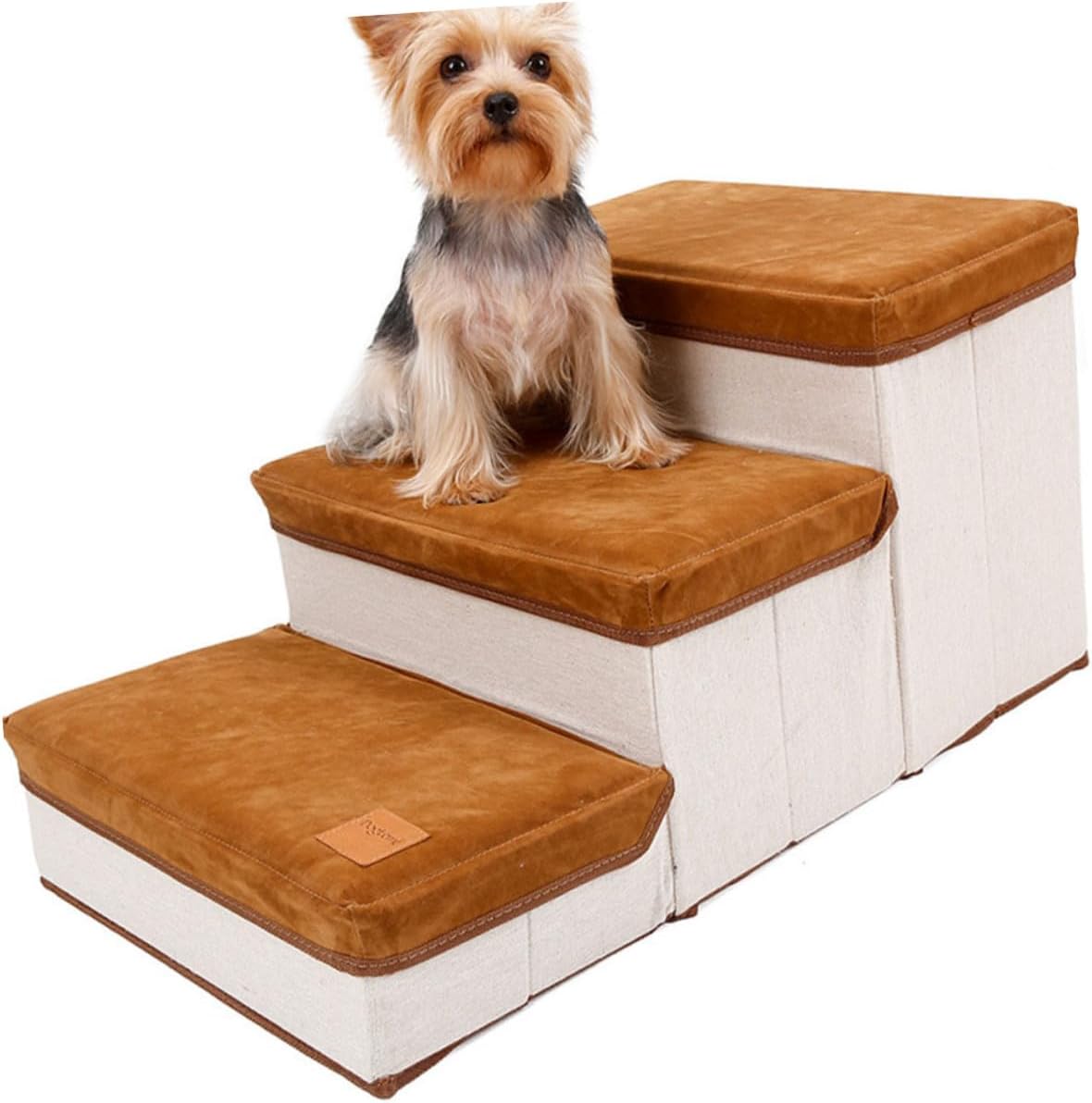 GANAZONO Foldable Three-Step Dog Stair Ramp with Storage Case, Brown Pet Stair for Puppies Indoor Use, Space-Saving Puppy Ladder for Small Dogs