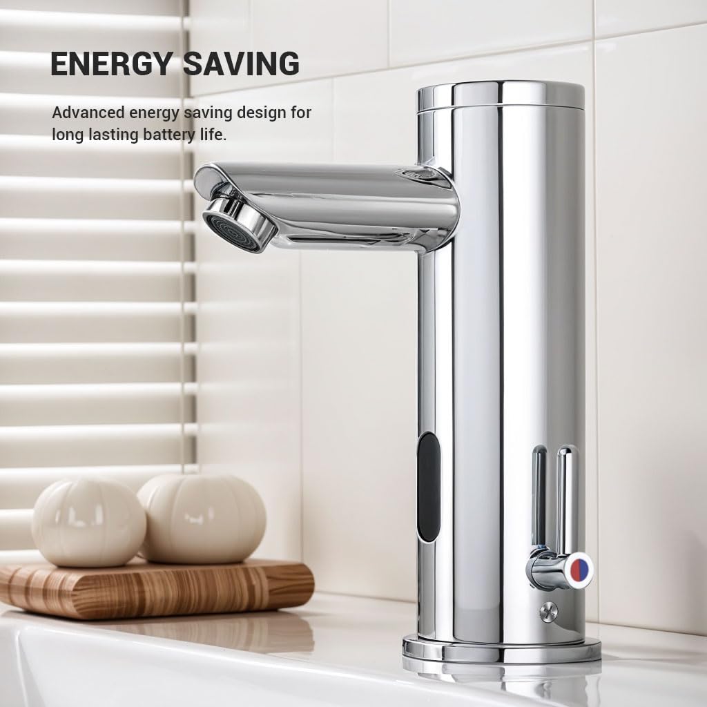 Rubinetto automatico per lavandino del bagno, senza tocco, con sensore di movimento, in ottone, con maniglia regolabile per controllo della temperatura, per uso domestico, commerciale e ufficio (corto