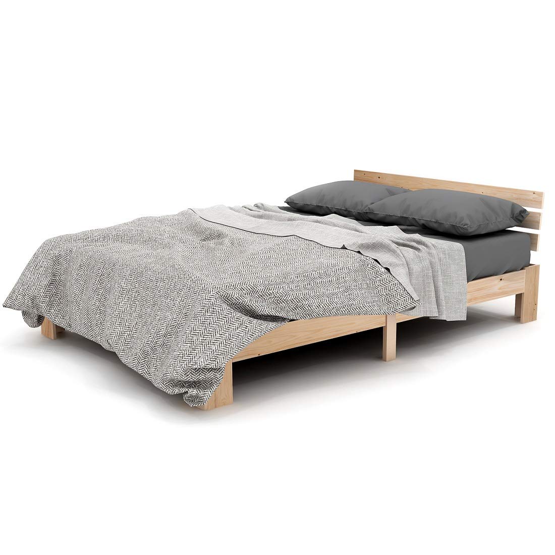 Merax Massivholzbett Holzbett Doppelbett, Bettrahmen aus Holz mit Kopfteil und Lattenrost, 140 x 200 cm, Holzlattenunterstützung, Stauraum unter dem Bett, Schlafzimmermöbel, Eichefarbig
