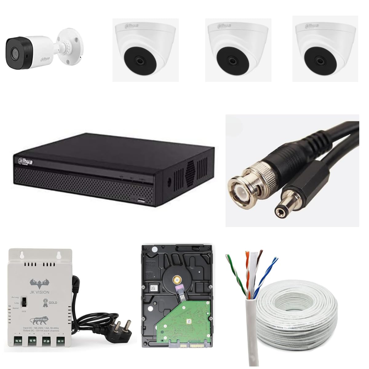 Dahua 2MP HD CCTV Camera Full Set, 1 Bullet, 3 Dome, 4 Channel DVR, 4 Channel JK Vision Power Supply, 1TB Hard Disk, 90 Meter Cable, BNC/DC Connector-picture-24