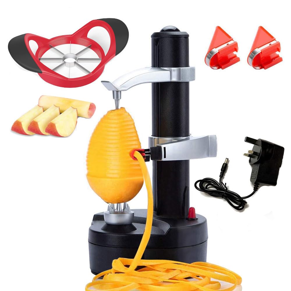 Elektrischer Kartoffelschäler Automatisch [1 Adapter 2 Extra Klingen] - Auto Apfelschäler Smart Gemüse Obst Schäler Maschine Edelstahl Küche Schälwerkzeug mit Apfelschneider Entkerner
