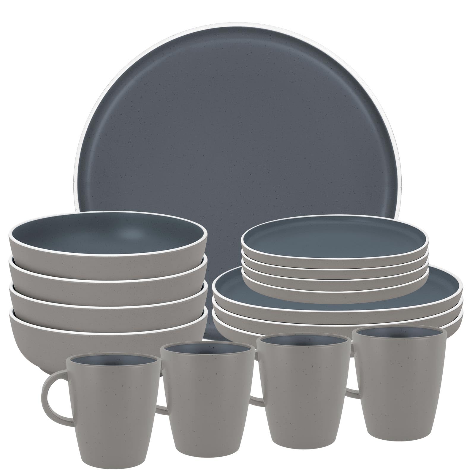 BRUNNER Camping-Geschirr-Set Melamin 2-4 Personen (12, 16 oder 36-teilig) Trilogy Dark - Stapelbar, Kratzfest - hochwertig + edel 3-farbig blau + grau | Steingutoptik und Porzellanhaptik | Antislip