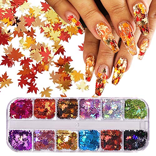 Conprasim 12 Colors Fall Leaf Glitter Nail Art Sequins - 3D Holographic Maple Leaf Nail Glitter Flakes Colorful Confetti Sticker Decals Manicure Design Makeup DIY Christmas Decorations