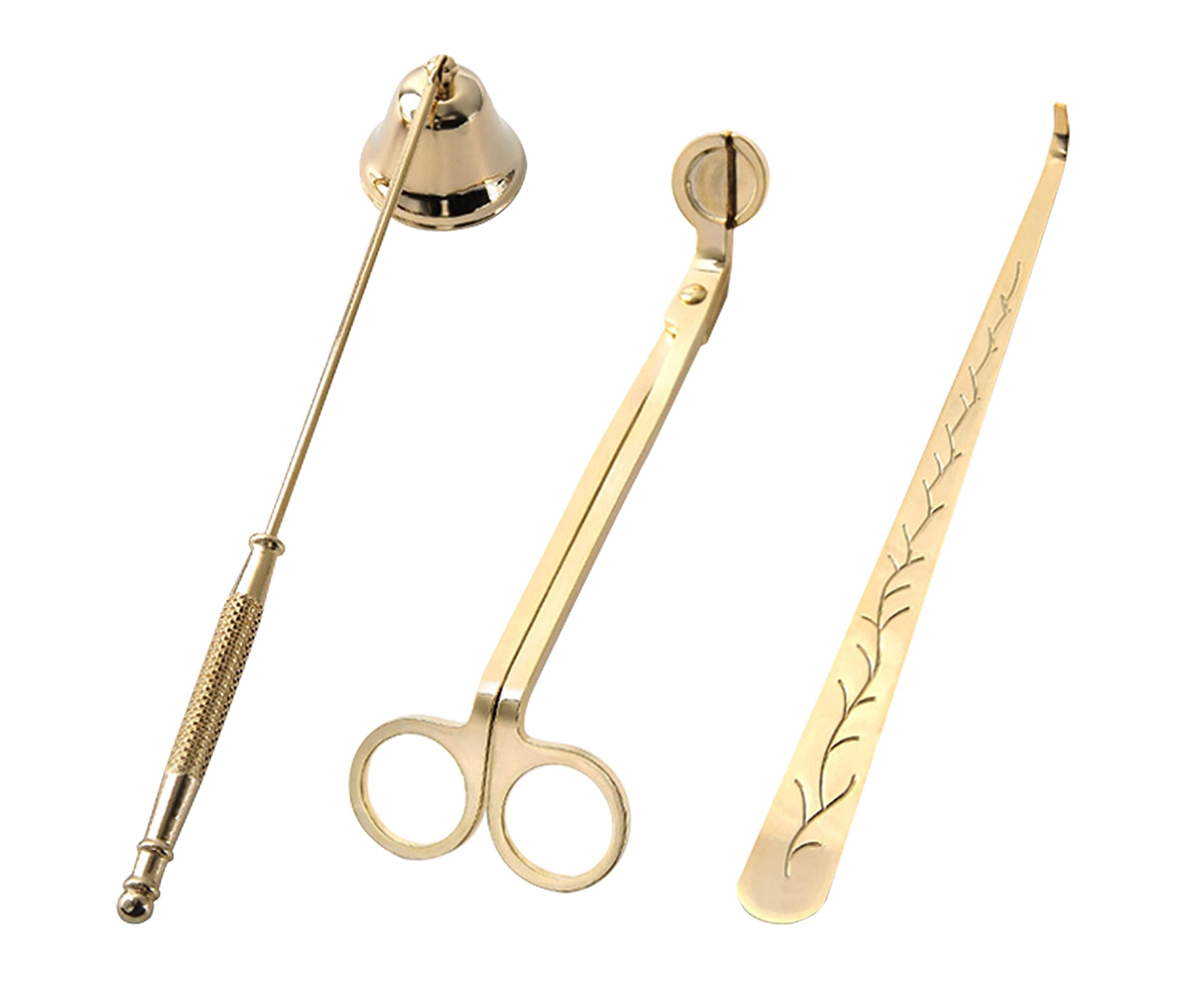 Arsuk Brass_snuffer_set_3pcs Candle Snuffer - 3 In 1 Candle Wick Trimmer Set, Candle Care Kit With Candle Cutter, Candle Snuffer, Candle Wick Dipper, Stylish Package For Candle Lovers (Solid Brass Gold)