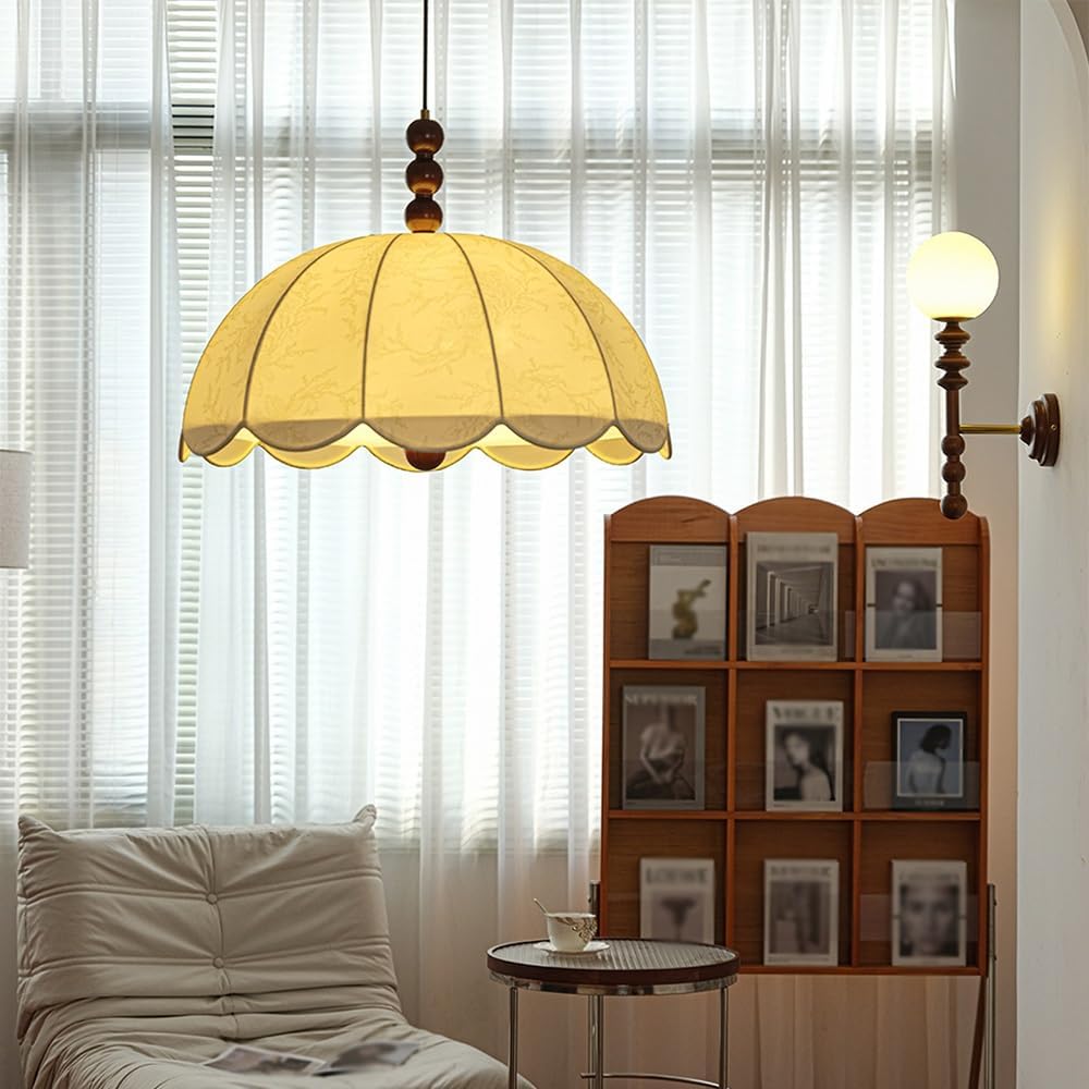 Vintage French Country Scalloped Fabric Pendant Light Fixture Cream White Pleated Shade Brass Wood Accent Adjustable Height for Bedroom Dining Room E27 Base(40cm)