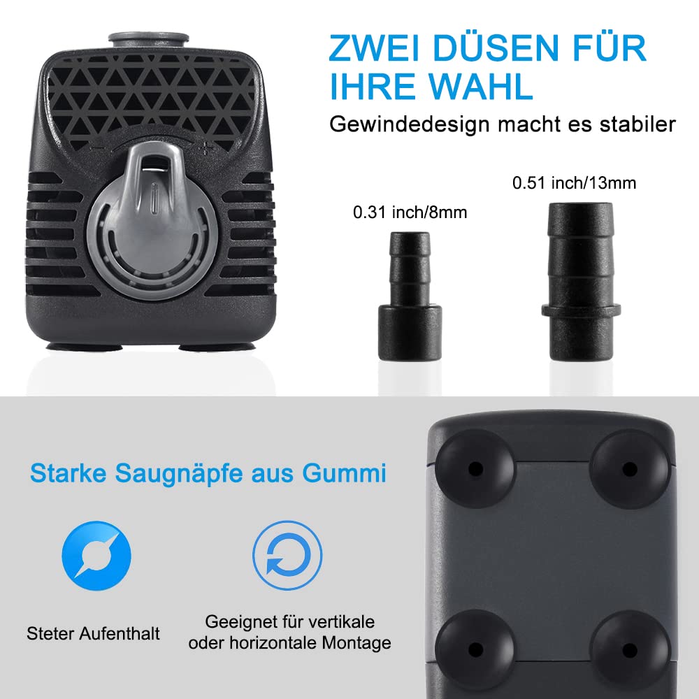 Ankway Pompa wodna, pompa do stawu 160 GPH 600 l/h, 10 W, pompa głębinowa z wężami winylowymi (39 cali / 1 m), pompa pompująca z 2 dyszami do stawów, ogrodu, fontanny, akwarium, 1,8 m