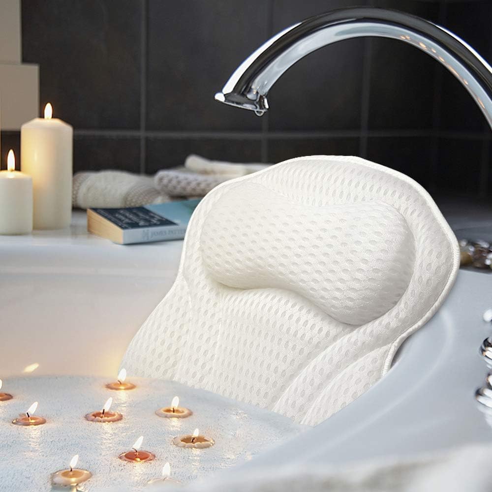 Bath Pillow, Extra Soft & Comfortable Ergonomic Bath Pillows for Tub Head Neck and Back Support, with 4D Air Mesh Cushions & Non-Slip Suction Cups,Fits All Bathtub and Spa