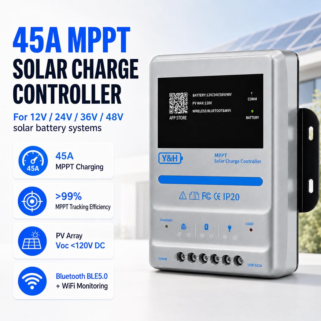 Y&H Regulator ładowania solarnego 45 A MPPT 12/24/36/48 V, do 2160 W PV, < 120 V Voc, Bluetooth i WLAN, do akumulatorów LiFePO4, litowych i ołowiowych