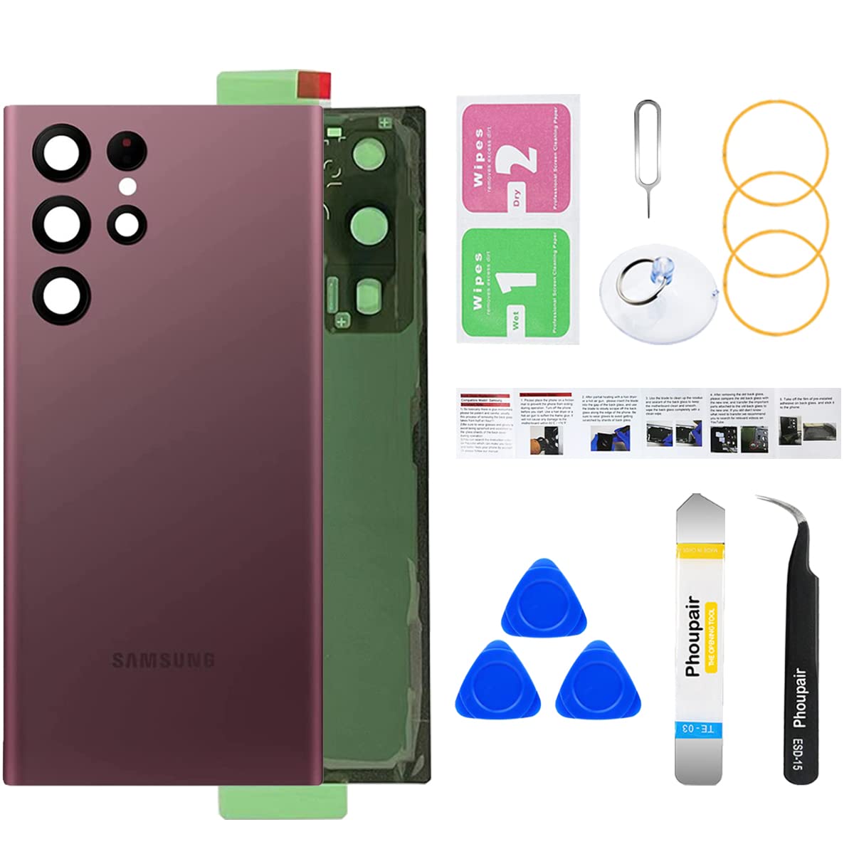 Phoupair Rear Back Glass Replacement for Samsung Galaxy S22 Ultra with Professional Reparing Tool and Instruction (Burgundy)