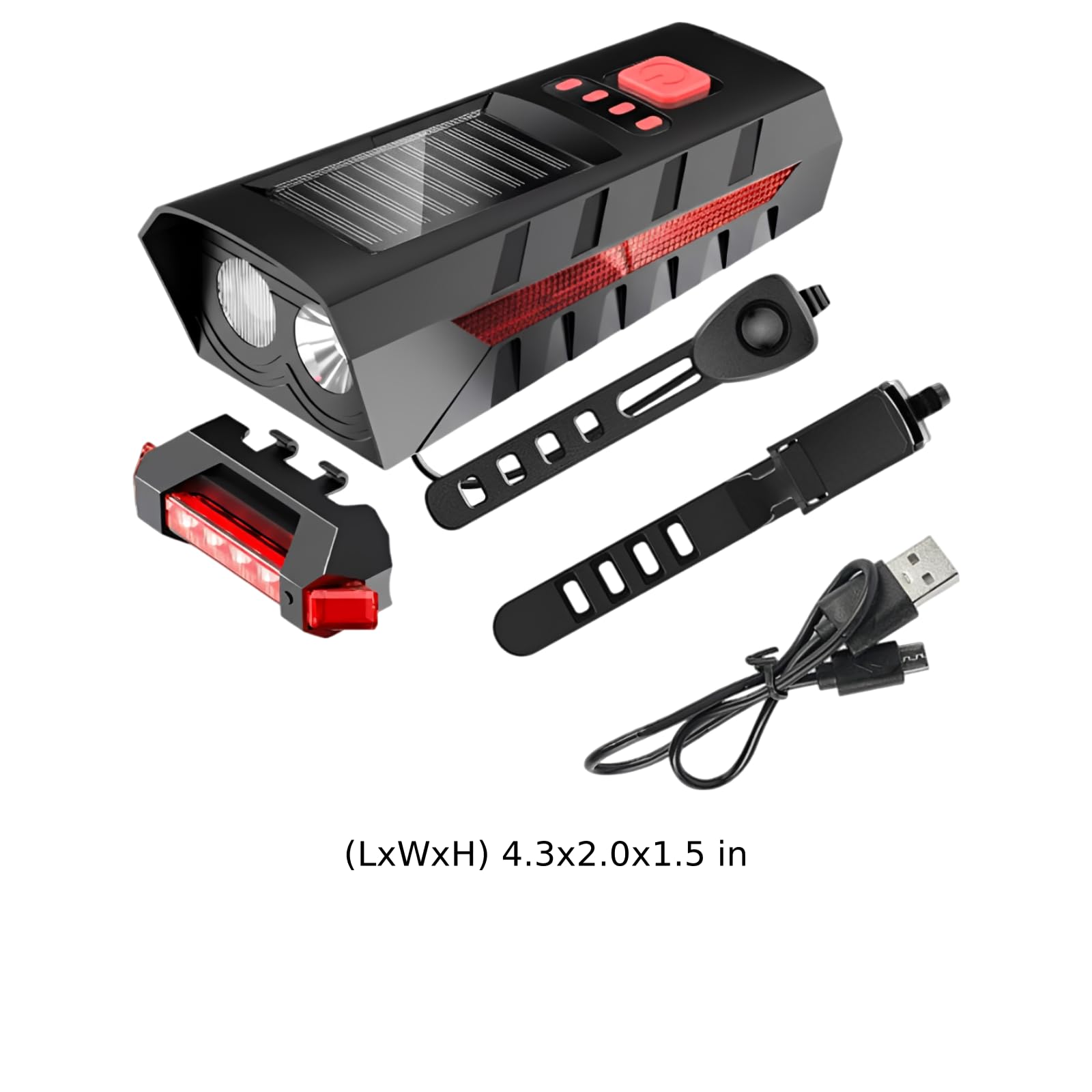 Solar-Fahrrad-Front- und Rücklicht-Set, rote LED-Frontlampe mit Rücklicht und lautem Signalton, Akku 2.400 mAh oder 4.000 mAh, solar aufladbar, leicht zu montieren, für Fahrten bei Dunkelheit