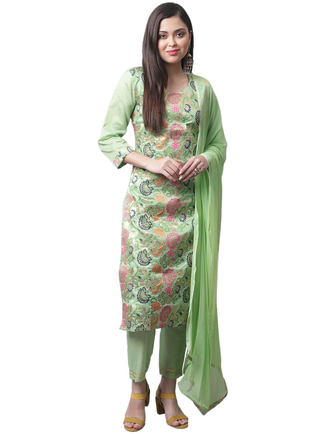 VredeVogel Women's Cotton Silk Jacquard Heavy Zari Work Self Designed Kurta with Pant & Nazneen Dupatta Set