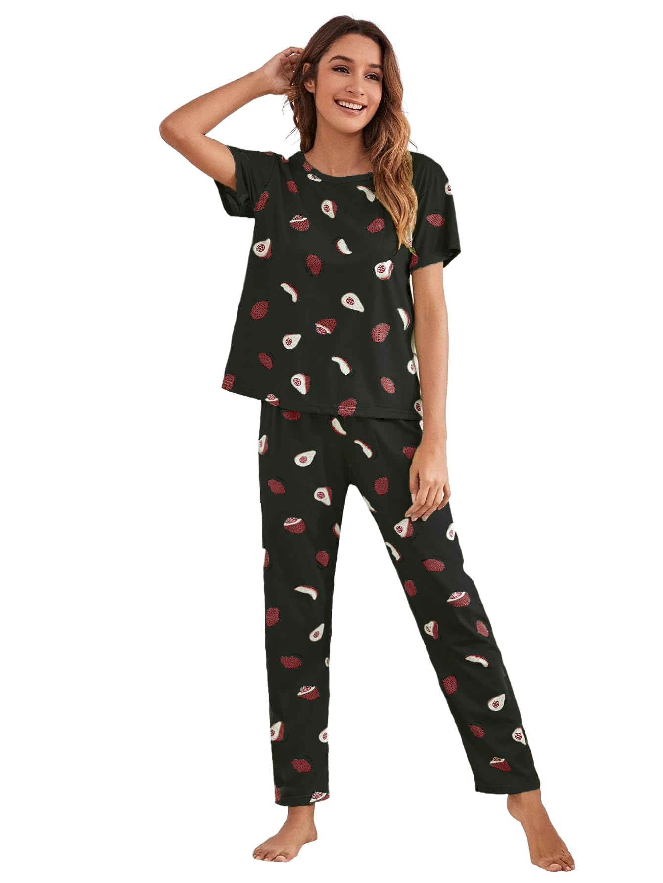 SMOWKLY Printed Round Neck Short Sleeve Nightsuit Set | Pajama Set | Night Dress for Women (1641_BK_L) Dark Black (B0DJ2ZWS3H) Amazon Price History, Amazon Price Tracker