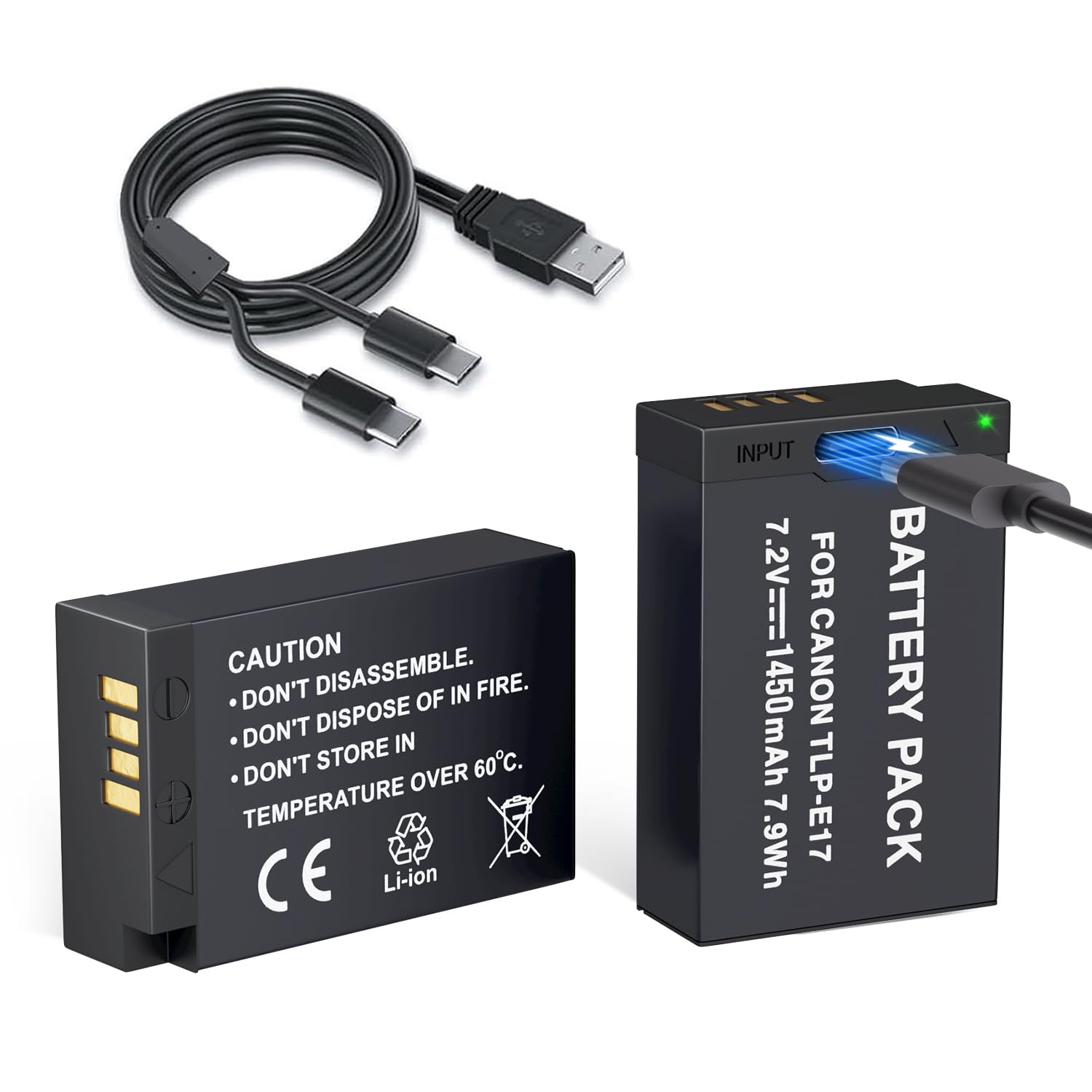 LP LP-E17 Battery 2-Pack 1450mah USB-C Charging Port Battery for Canon EOS R50 RP R10 R8, Rebel T8i, T7i, T6i, T6s, SL2, SL3, EOS M3, M5, M6, EOS 200D