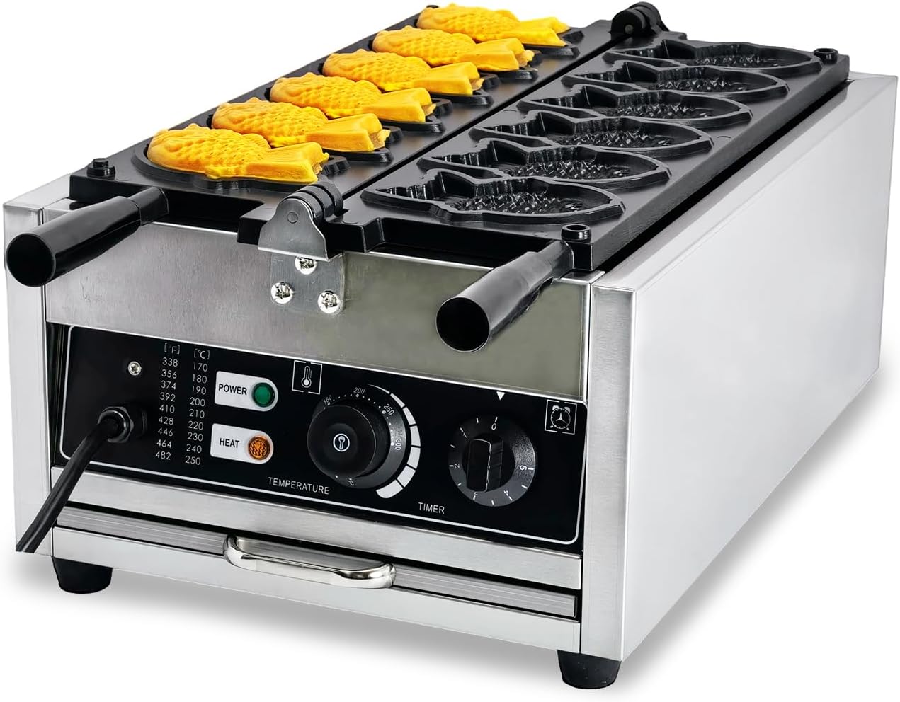 Electric Taiyaki fish waffle maker, waffle maker with 6 fish-shaped mold slots, Stainless Steel boay Non-stick Taiyaki Waffle Maker, 50-300℃/122-572℉ Adjustable, for Family, Snacks