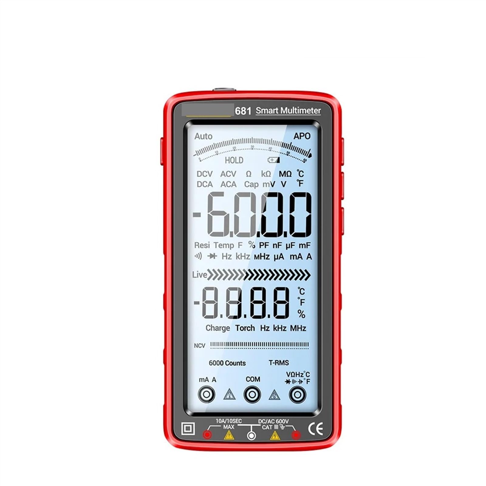 Wielu testerów 681 inteligentny multimetr akumulatorowy zapobiegający spalaniu True RMS multimetr tester napięcia Hz Ohm miernik diodowy z osłoną ekranu LCD (Color : 681 red)