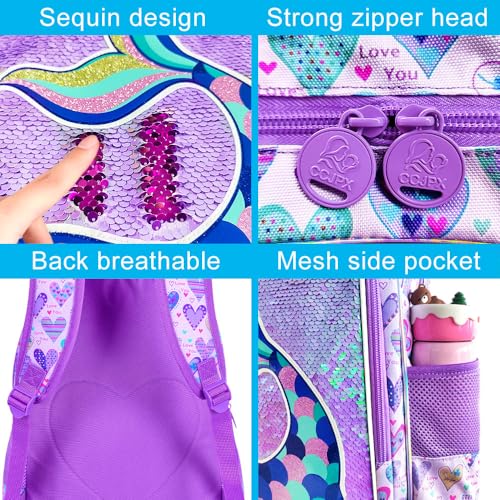 Image of CCJPX 16 inch Mermaid Backpack for Girls, 3Pcs Kids Sequin Bookbag with Lunch Box, Water Resistant Elementary School Bag for Kindergarten Preschool Toddler (Purple)