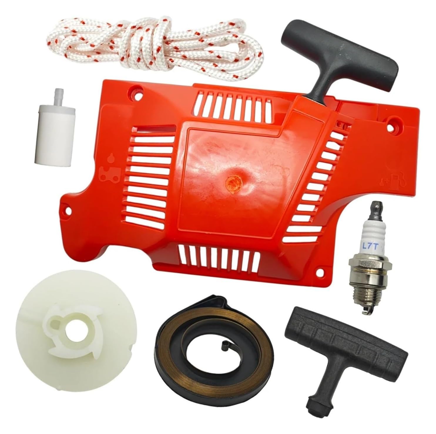 Kit de Repuesto de bujía de Filtro de Combustible con Resorte de Agarre de Mango de Cuerda de polea de Arranque de Retroceso Compatible con Motosierra 50 51 55