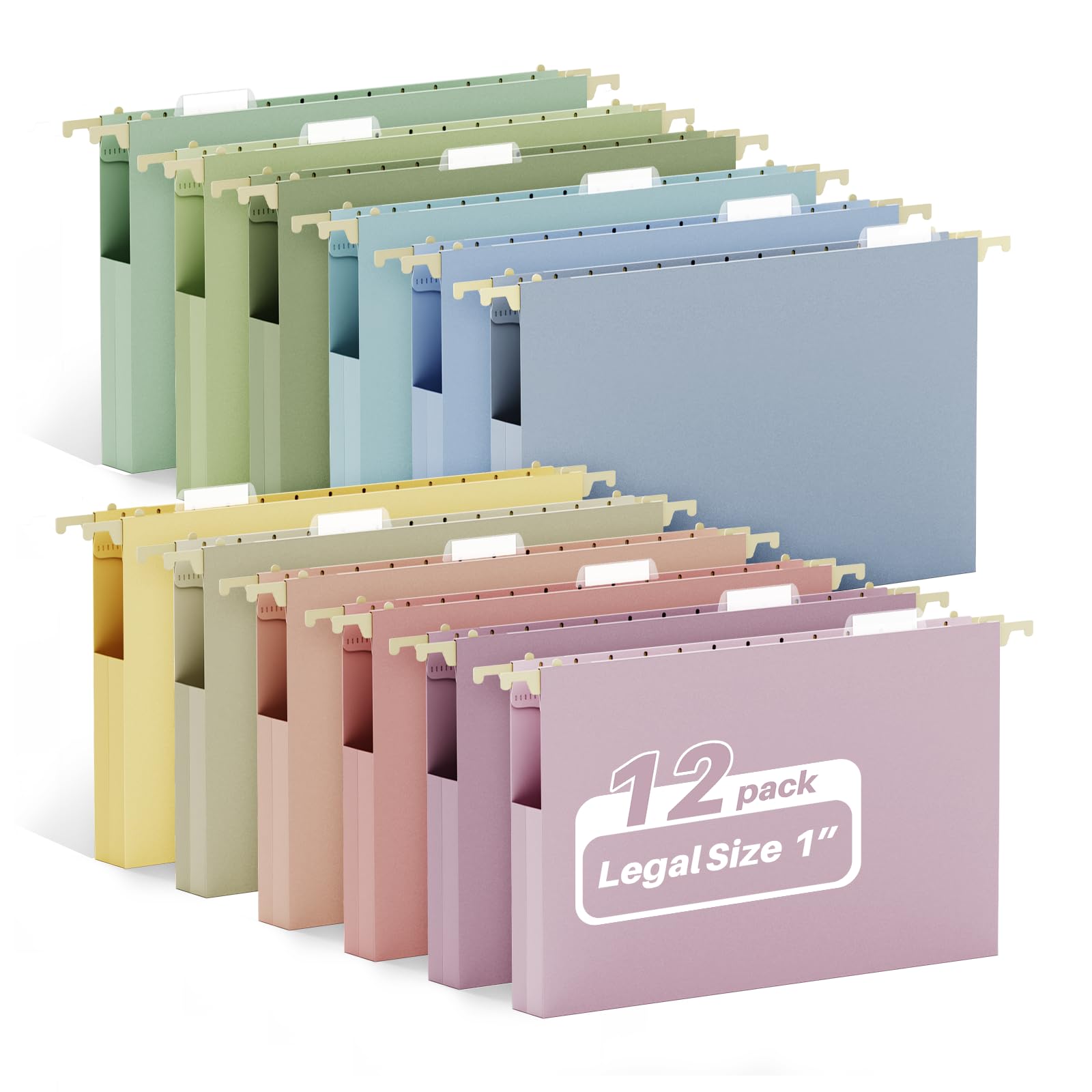 Ansook Hängemappen in Rechtsgröße, extra Kapazität, strapazierfähig, 2,5 cm, erweiterbare Aktenordner mit Reitern, 12 Stück, pastellfarbene Kunststoff-Hängemappen für Aktenschrank
