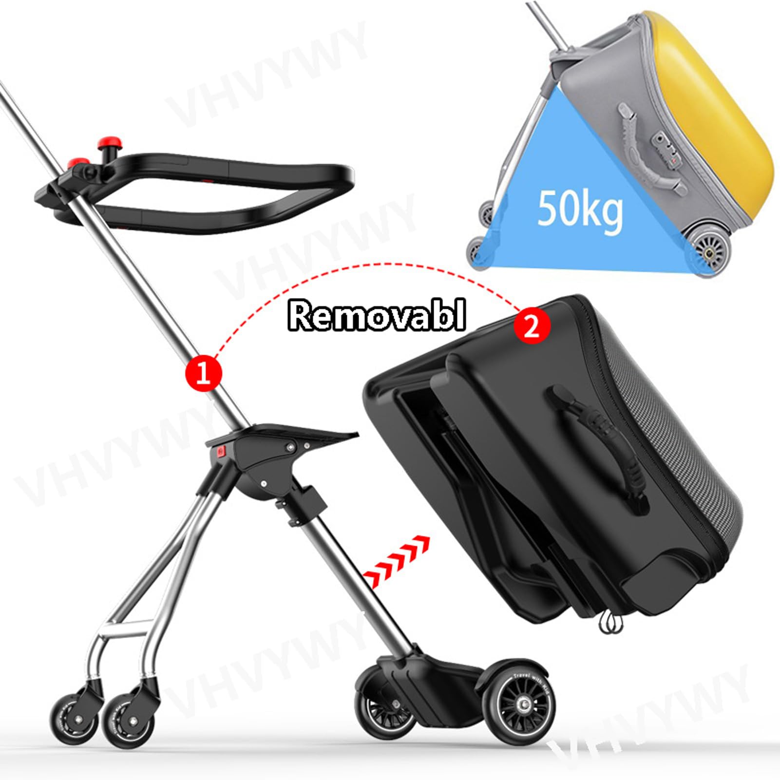 Valigia da viaggio per bambini, 50,8 cm, pieghevole e rimovibile, espandibile, con seggiolino per bambini, passeggino leggero 2 in 1 e set valigia con guardrail, Giallo, Tempo libero Viaggi