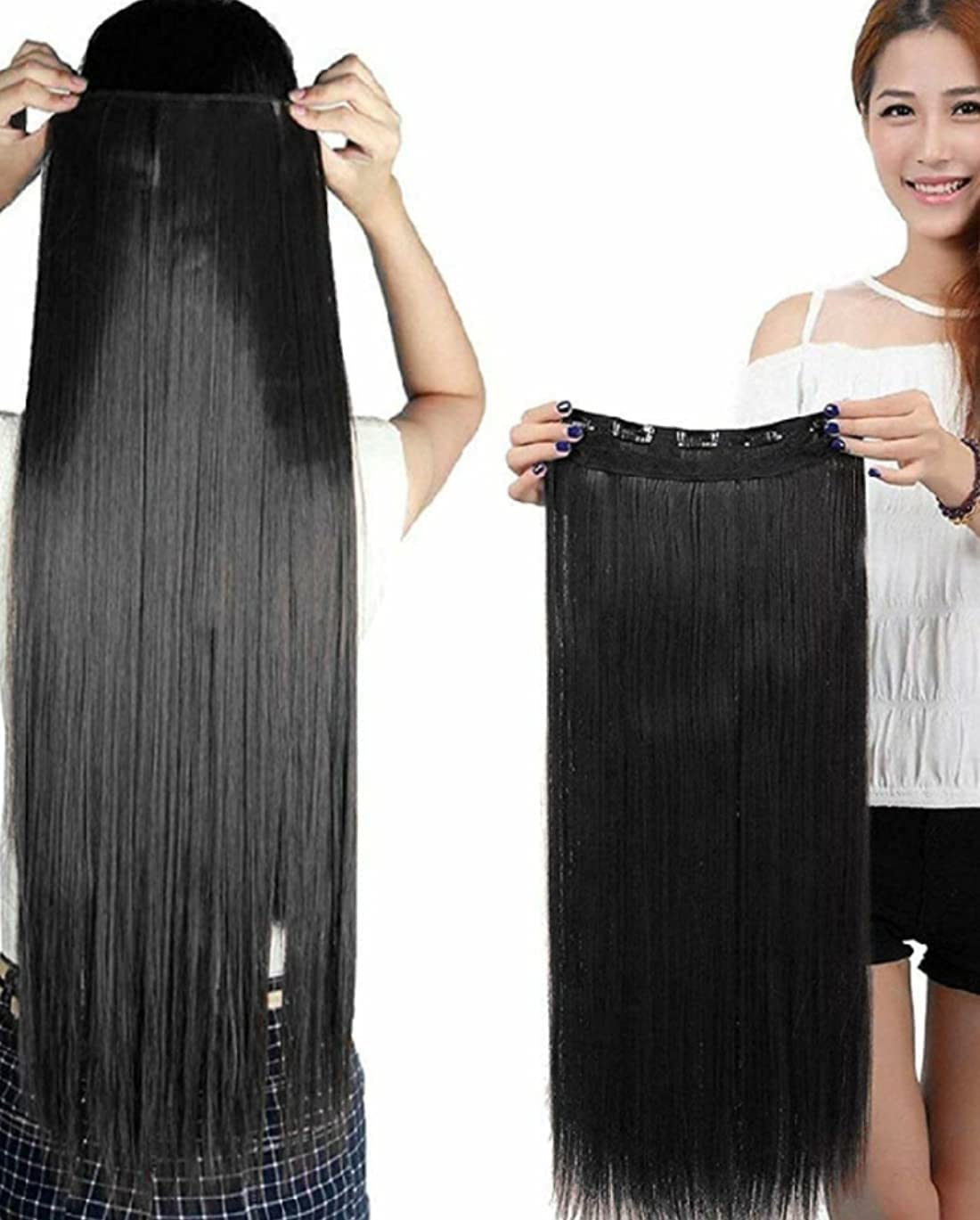 ELCABELL Hair Extensions And Wigs Long Black Straight 22 to 24 inches Hair piece With 5 Clips Extension for Ladies