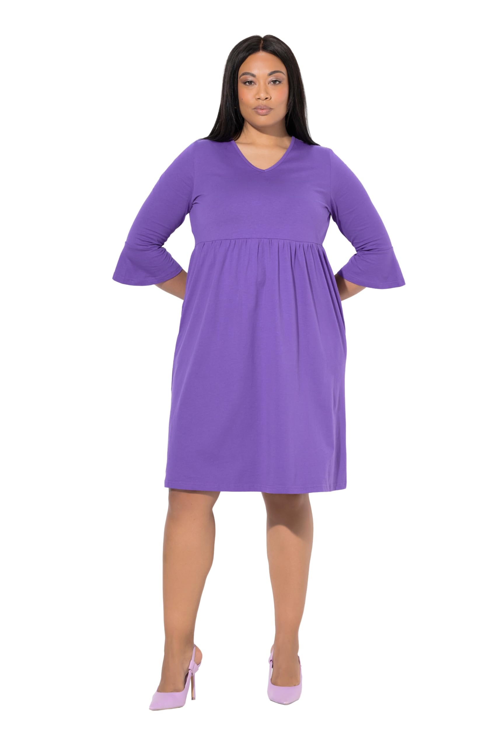 Ulla Popken Damen große Größen Übergrößen Plus Size Jerseykleid, A-Linie- V-Ausschnitt, 3/4-Volantarm 847003