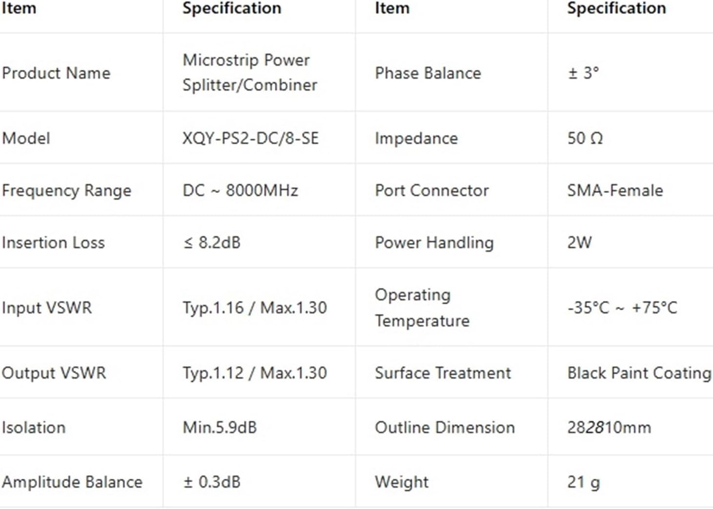 1-to-2 Power Divider SMA RF Power Divider Combiner DC-8G 0.3dB -35℃~+75℃