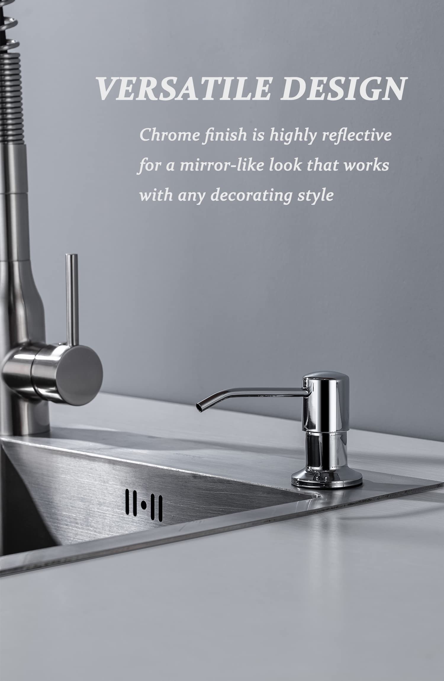 Dispensador de jabón integrado para fregadero de cocina, acero inoxidable (cromo), juego de bomba para jabón o loción, recarga desde la parte superior, dispensador de jabón para encimera, 17 onzas