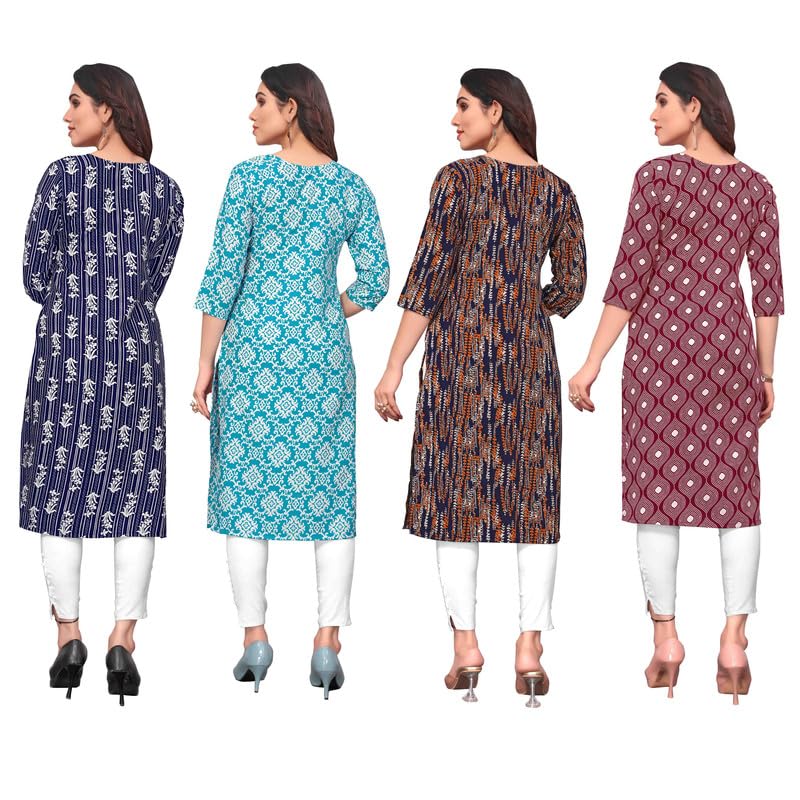 Image of JAKHANA Women's Crepe Printed Casual Straight Calf Length Round Nick Kurta Pack of 4