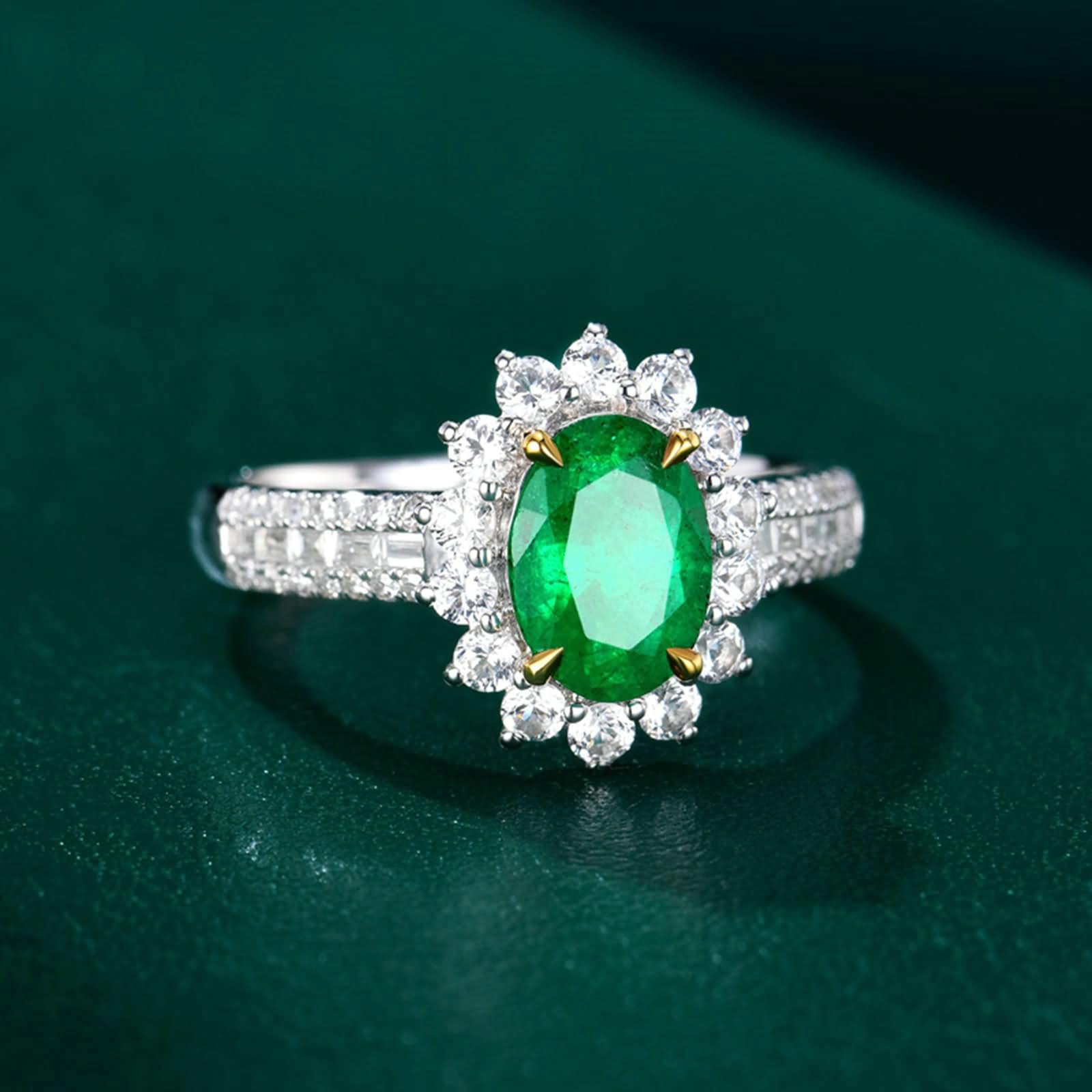 Pierścionki zaręczynowe damskie białe złoto 375/585/750, kwiat i 4 szczęki owalne 1,1 ct szmaragd i diament, zielone srebrne pierścionki zaręczynowe dla kobiet