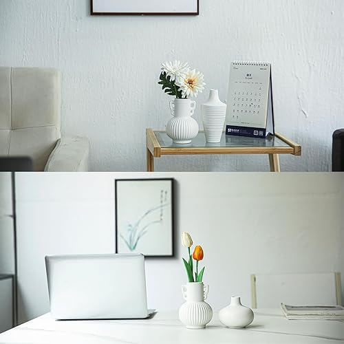 Miniatura 9 de Porceluxe Juego de jarrones de cerámica blanca acanalada, juego de 3 jarrones decorativos para decoración moderna de granja, sala de estar, estante,