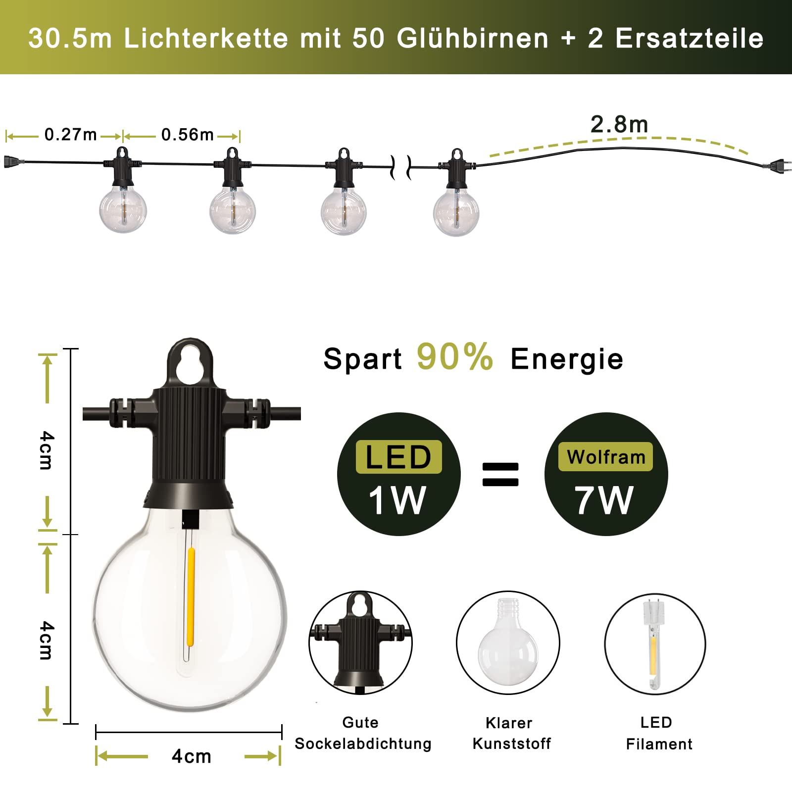 Kawaya 30M Lichterkette Außen LED mit 50+2 G40 Glühbirnen, IP65 Wasserdicht | Outdoor Lichterkette Aussen Strom Bruchsicheren Warmweiß Balkon Lichterketten für Terrasse Garten Hochzeit Hinterhof