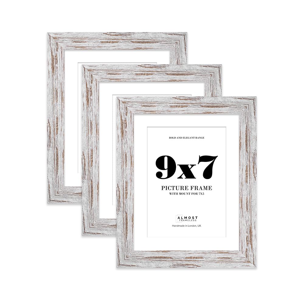 9x7 Distressed Wood Frame With Mount for 7x5 Pictures 28mm Edge Portrait and Landscape Display with Wall Hooks and Kickstand, 3 Pack
