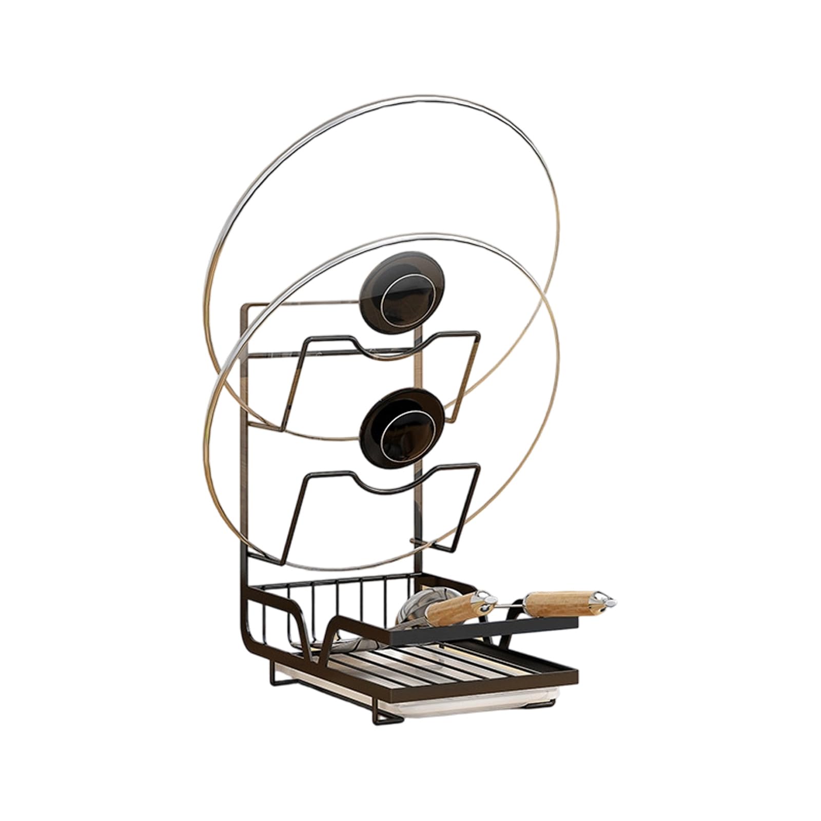 Countertop Cookware Lid Organizer with Utensil Holder, Metal Kitchen Rack with Tiered Storage and Drip Tray Shelf Cookware Cover Holder Lid Stand Utensil Rack Spoon Drip Tray Organizer Sink Side Area