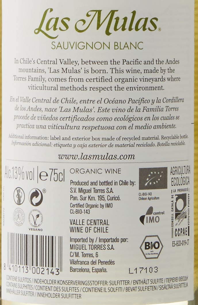 Miguel Torres Chile Las Mulas Sauvignon Blanc, Vino Blanco - 6 botellas de 75 cl, Total: 4500 ml