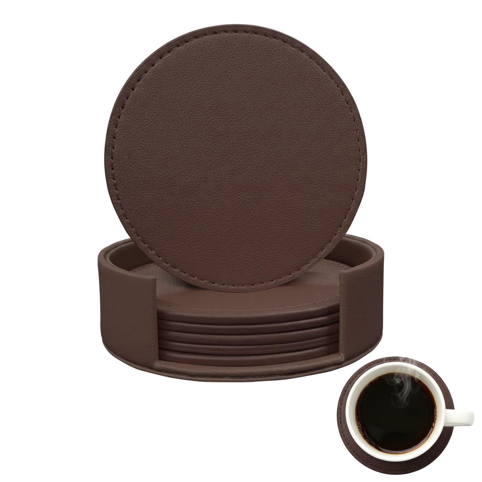 Coasters Set of 6 Soft Leather Drink Coaster Round Coaster with Sewing Around, Suitable for Various Cups, Wooden Tables, Home Decoration and Housewarming Gifts Green Navy Black (Brown)