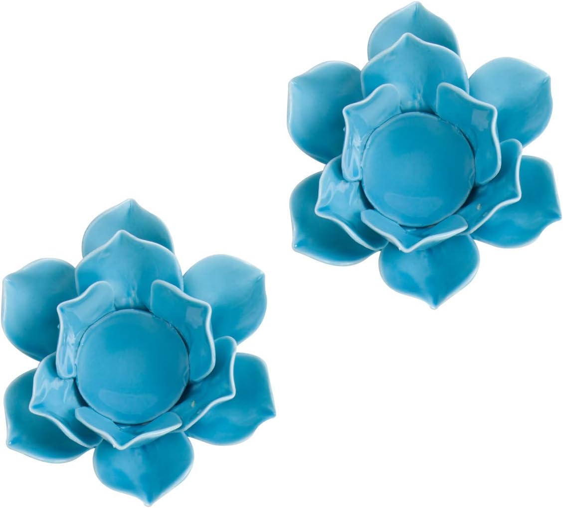 Insiswiner Ceramic Flower Tea Light Candle Holders Home Table Top Decoration Blue Lotus Set of 2