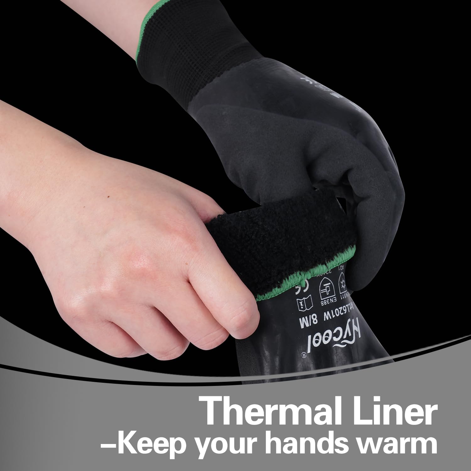 Gants de travail d'hiver imperméables thermiques chauds Gants de montage Grip Gants de travail d'hiver Travail Double couche Nylon Gants isolés Noir (3, L)