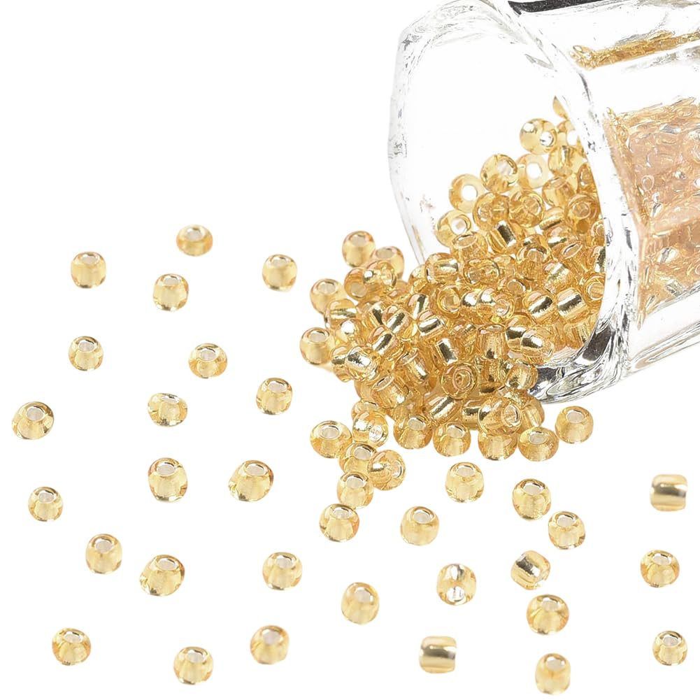 PONABEADIY 1 Box 3MM 3000PCS Gold Glass Seed Beads with Hole Silver Lined Transparent Mini Pony Round Clear Loose Spacer Bead Bulk for Jewellery Making Necklace Bracelets Earrings Diy Crafts Supply