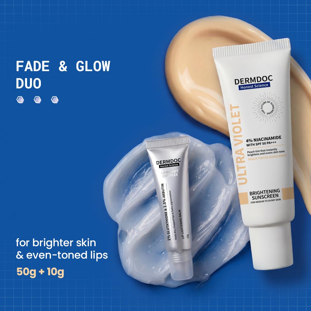 DERMDOC Fade & Glow Duo | SPF 50 Ultra Violet Peach Brightening Tinted  Sunscreen (50gm) & LipBright Treatment 1% Glutathione + 2.5% Arbutin Lip  Balm (10gm) | Lip Brightening | Dark Spot Corrector | Nourishing | PA+++ :  Amazon.in: Beauty