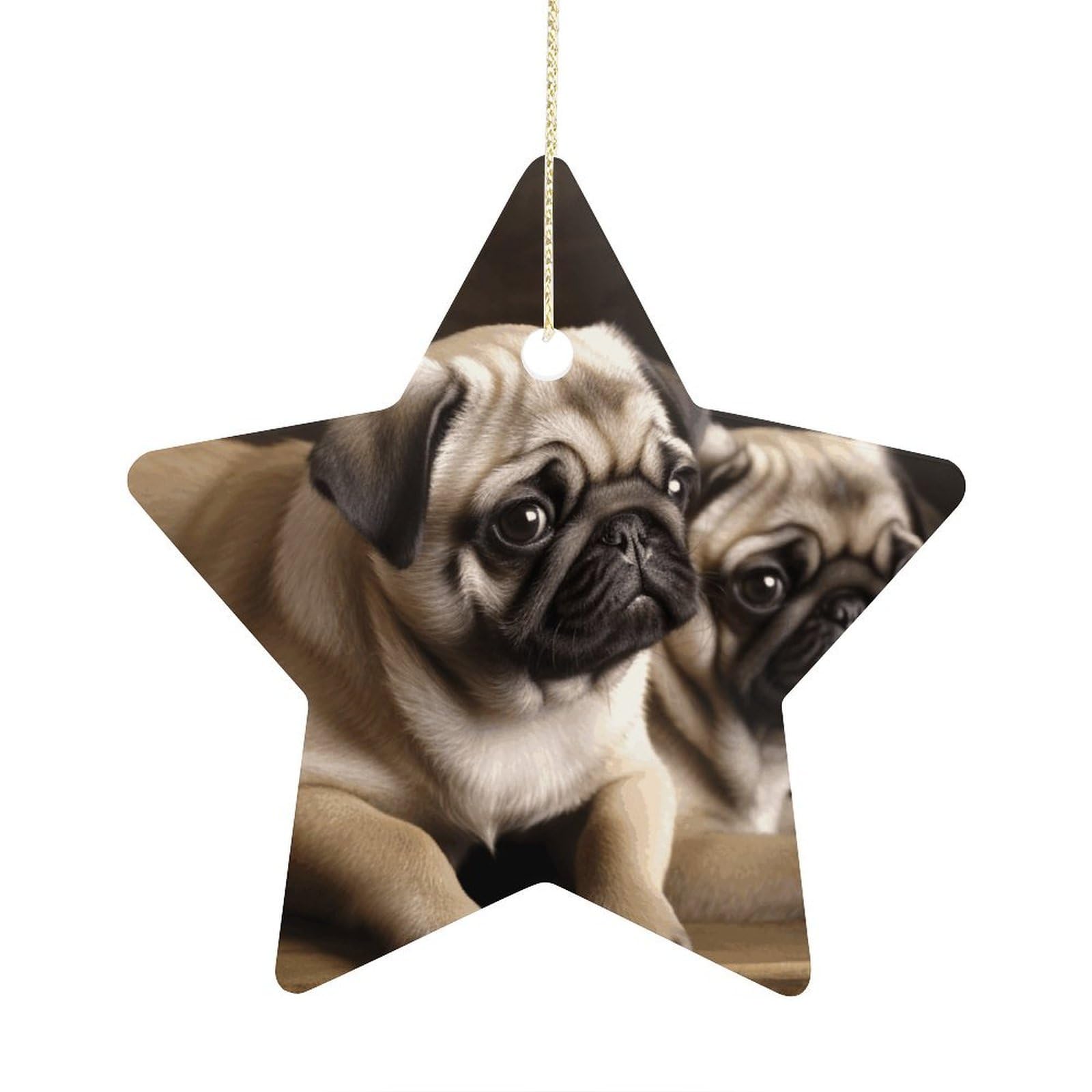 Puppys Pug Stars Ornaments Ceramic Christmas Tree Hanging Light in Weight Christmas Star Pendants Funny Double-Sided Printed Xmas Ornaments for Gifts
