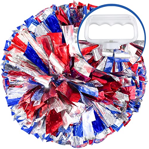 AUHOKY 4 Packs Metallic Cheerleading Cheer Pom Poms, Fluffy Cheerleader Pompoms with Finger-Friendly Ring, Cheering Pom poms for Squad Team Sports Game Dance Dress Party Kids Adults(Blue/Silver/Red) - Thumbnail 2