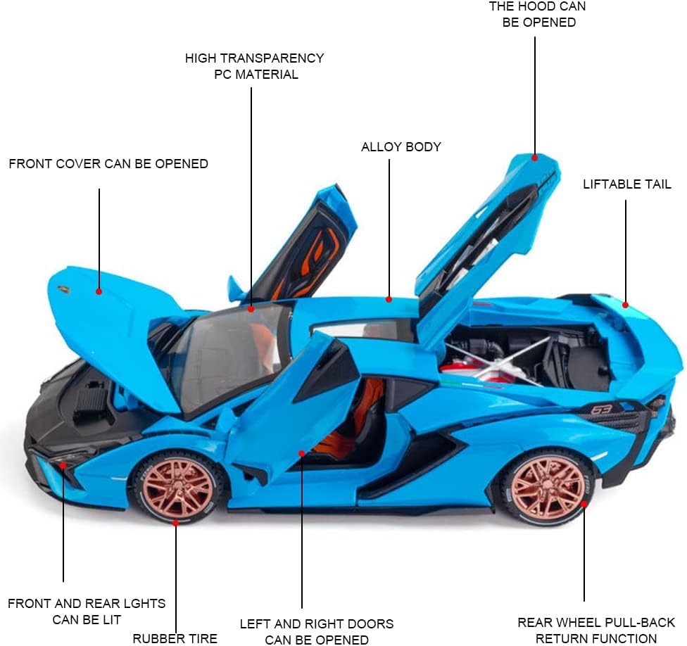 CROPDAK 🏎️ Exclusive Alloy Metal Pull Back Die-cast Car Model with Sound Light Mini Auto Toy for Kids Metal Model Toy Car with Sound and Light (1.24 Scale Lamborghini SIAN FKP37 - Blue) 4