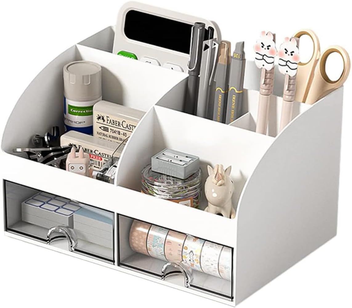 Styleys Desk Organiser with 6 Compartments & 2 Drawers | Desktop Stationery Storage Box for Pens, Staplers, Clips, Sticky Notes, Mobile Holder | Office & Study Table Organizer - W3505,White