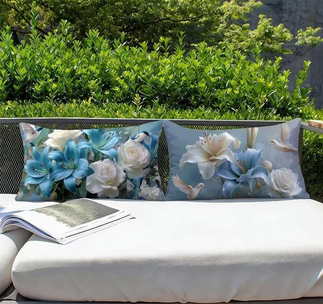 Housse de coussin lin avec impression recto verso oiseau et fleurs 50x70cm