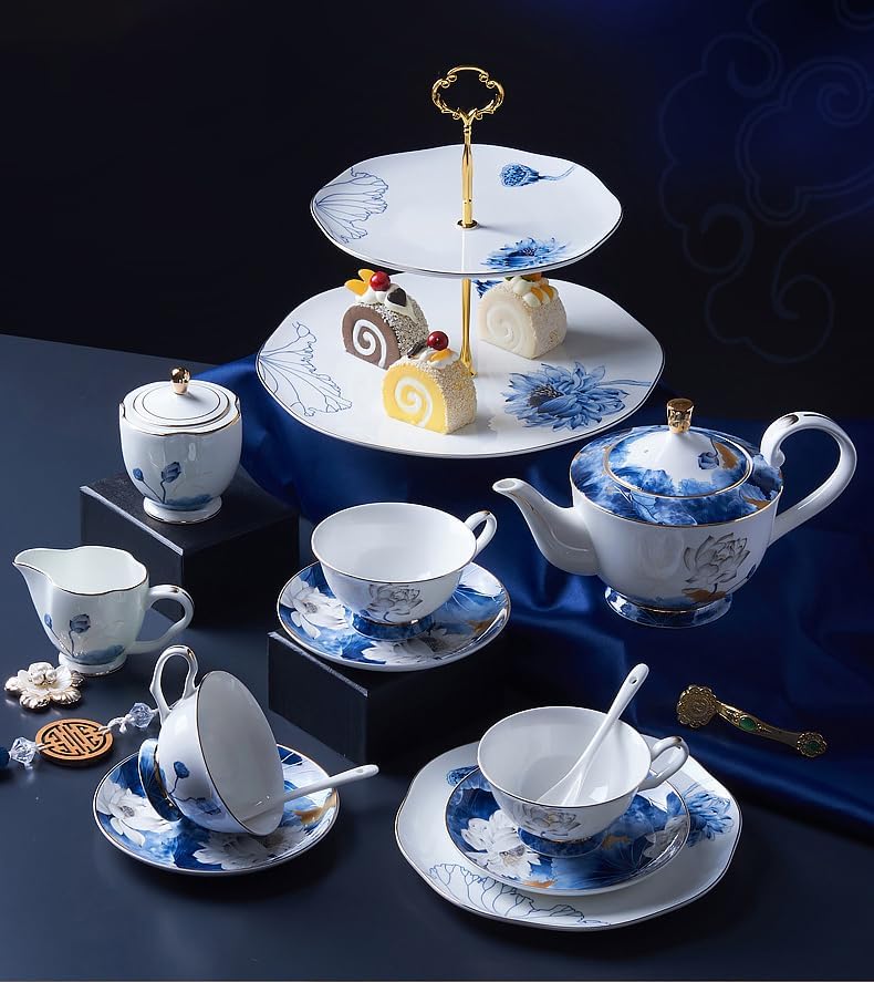 Miniatura 5 de LE POTOCIO Juego de taza y platillo de té de porcelana de hueso, taza de café y platillo de té de porcelana de loto y hoja de loto para 1, tazas de