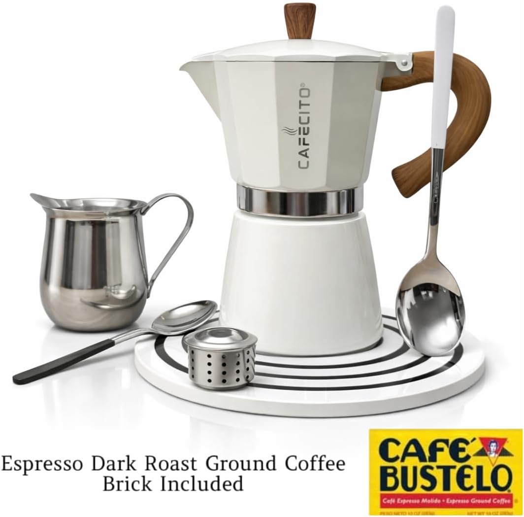 Cuban Coffee Starter Kit – Cafecito Ritual System with Ceramic Sandstone Stand | 6-Cup Moka Pot (Cafetera Cubana) with Espuma Tools, Removable Anti-Splash Valve & Espresso Coffee
