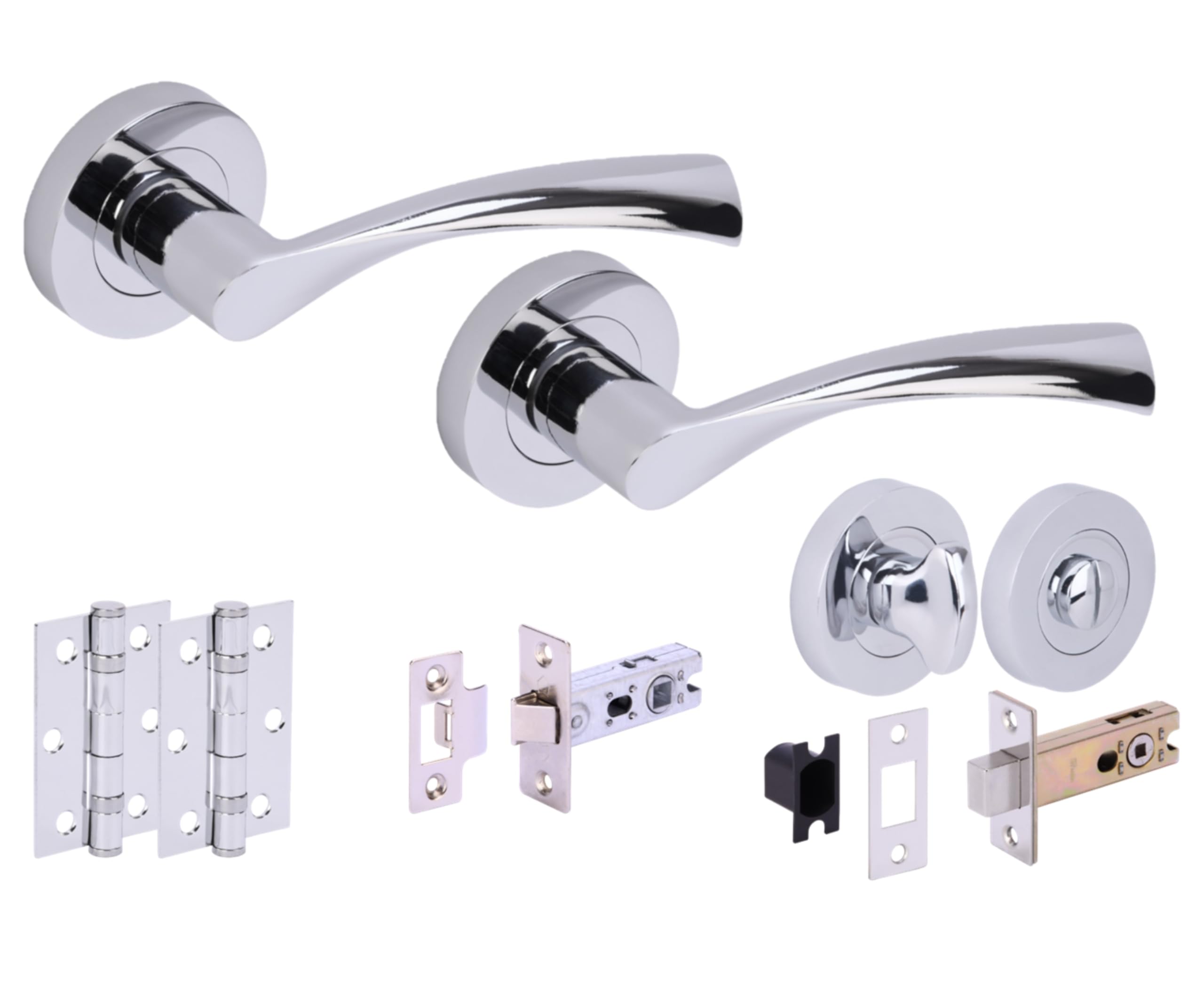 Hunta Polished Chrome Handlezone® Lobo Door Handles On Rose Bathroom Deadbolt Pack With 75Mm Ball Bearing Hinges, 76Mm Latch And Lock